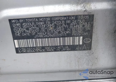 2006 Lexus Is 350 from USA, damaged, VIN JTHBE262965003973